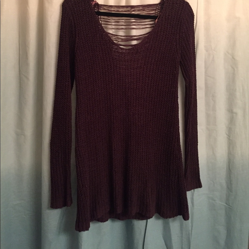 Love Stitch Burgundy Knit Long Sleeve Top with Ladder Back Detail